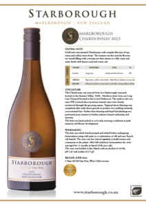Elegant Starborough Marlborough Chardonnay 2023 bottle highlighting NZ premium wine, quality vineyard, and winemaking process with taste notes, vineyard details, and award ratings.