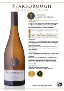 Marborough Pinot Gris wine bottle with detailed tasting notes, vineyard info, and awards, showcasing the high quality and award-winning reputation of Starborough Wines from New Zealand.